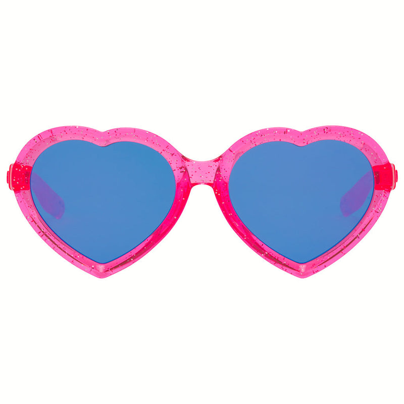 Blue-Purple | front_view.JPG | Heart-shaped novelty sunglasses with a bright pink glitter frame and blue mirrored lenses, shown against a plain white background.