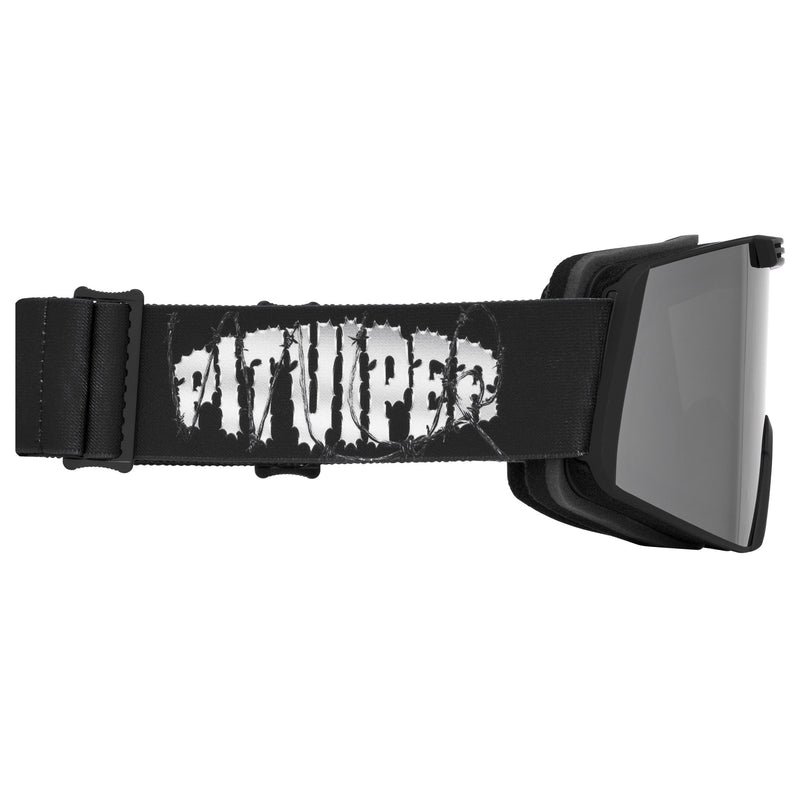 | even_more_side_view.JPG | Black goggles with a wide black strap featuring a distressed white 'Pit Viper' graphic, and a dark gray mirrored lens.