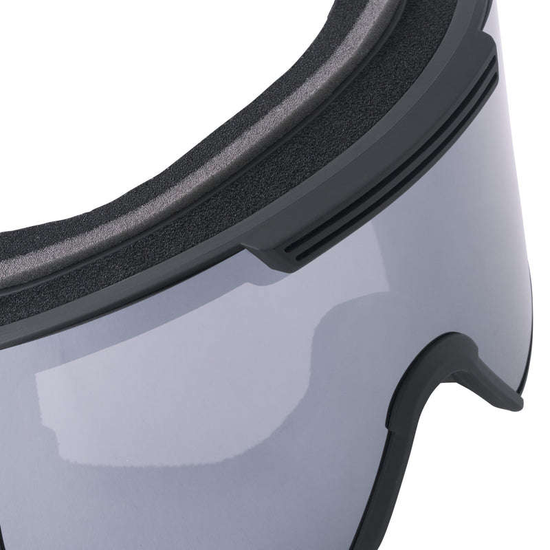 | im_ready_for_my_closeup.JPG | Close-up of a ski or snowboard goggles showing the black frame, textured foam padding, and a light gray reflective lens.