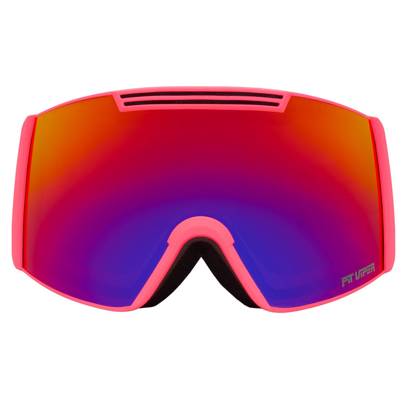| full_frontal.JPG | A pair of ski goggles with a bright pink frame and a large mirrored lens that transitions from red-orange at the top to blue-violet at the bottom. The brand name 'Pit Viper' is printed on the lower right corner of the lens.