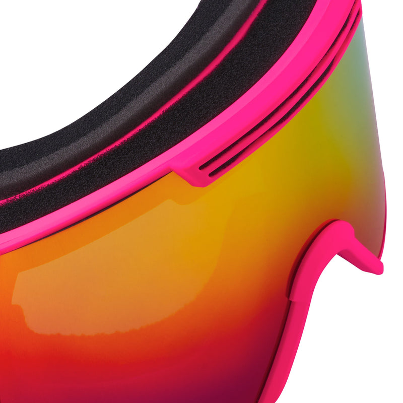| im_ready_for_my_closeup.JPG | Close-up of a ski or snowboard goggles showing a vibrant pink frame and a mirrored gradient lens that transitions from yellow and orange to red and purple.