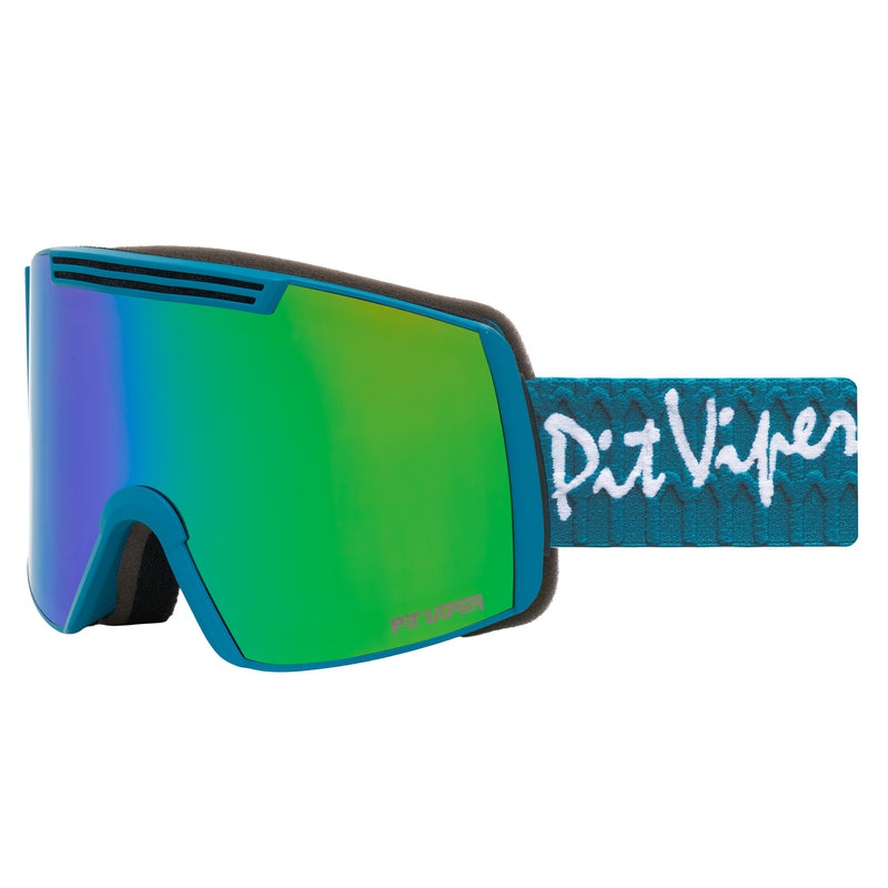 | side_view.JPG | Pit Viper snow goggles featuring a vibrant green-to-blue mirrored lens, a blue frame, and a textured blue strap with white 'Pit Viper' branding.