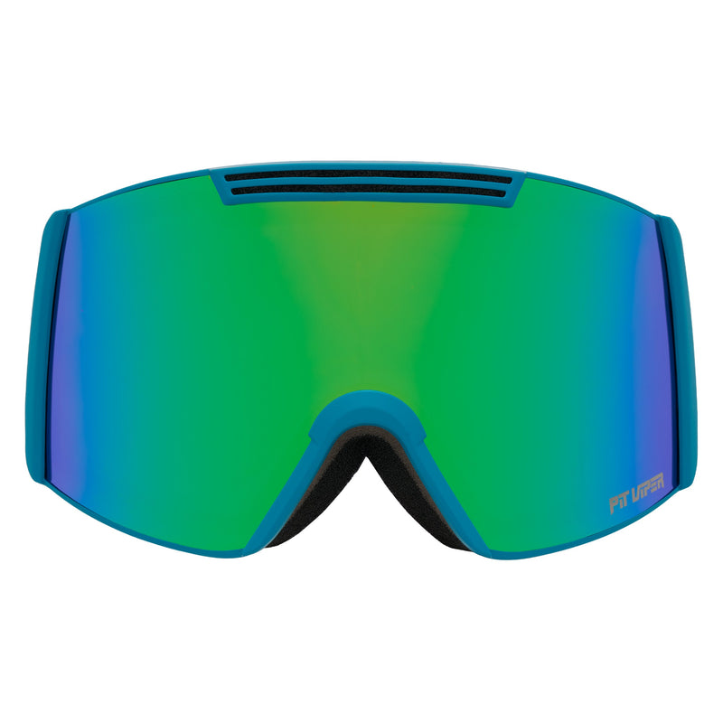 | full_frontal.JPG | Ski goggles with a large shield lens featuring a green-to-blue iridescent mirror finish, a blue frame, and a small  'PIt Viper' logo on the bottom right.