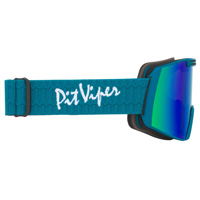 | even_more_side_view.JPG | A pair of ski goggles with a teal elastic strap featuring the white 'Pit Viper' logo, a black frame, and a blue-to-green mirrored lens, shown against a plain white background.