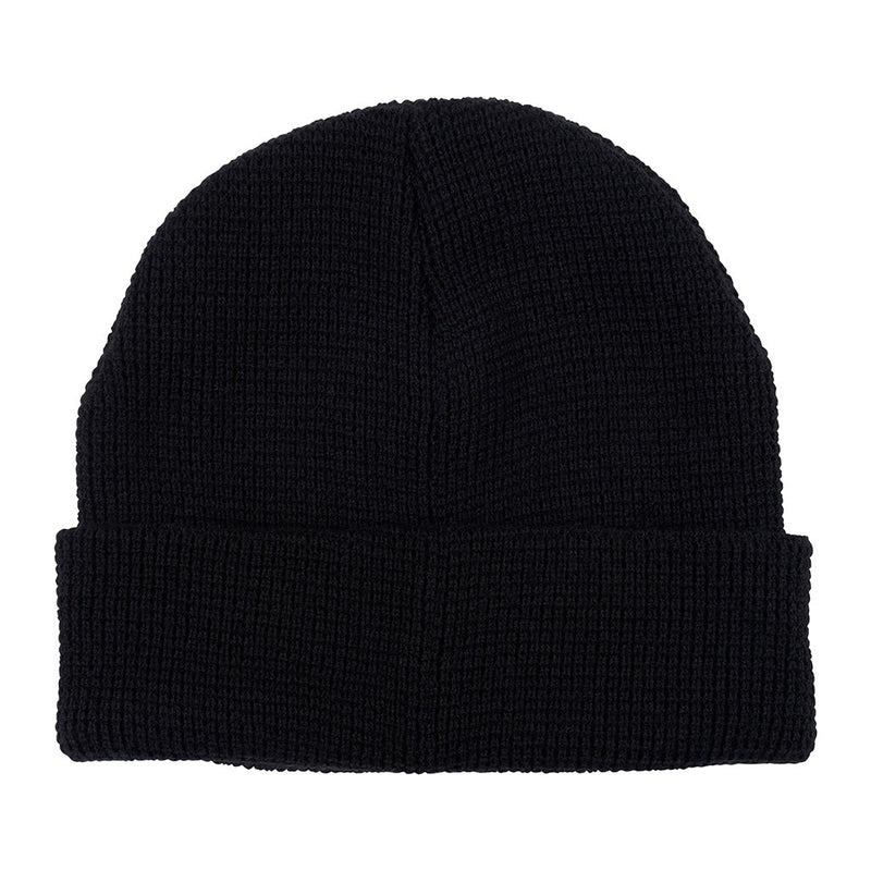 | it_the_back.JPG | photo of a black waffle knit beanie against a white background.