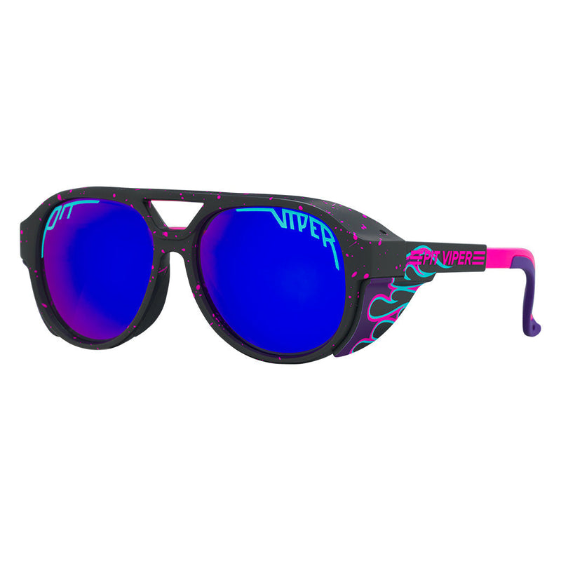Polarized Z87+ Purple | side_view.JPG | The Ignition Exciter from Pit Viper, glacier glasses style sunglasses with a purple flames on the frame with a blue lens