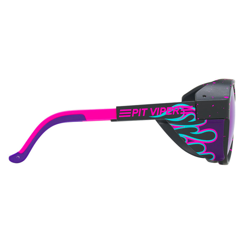 Polarized Z87+ Purple | even_more_side_view.JPG | The Ignition Exciter from Pit Viper, glacier glasses style sunglasses with a purple flames on the frame with a blue lens