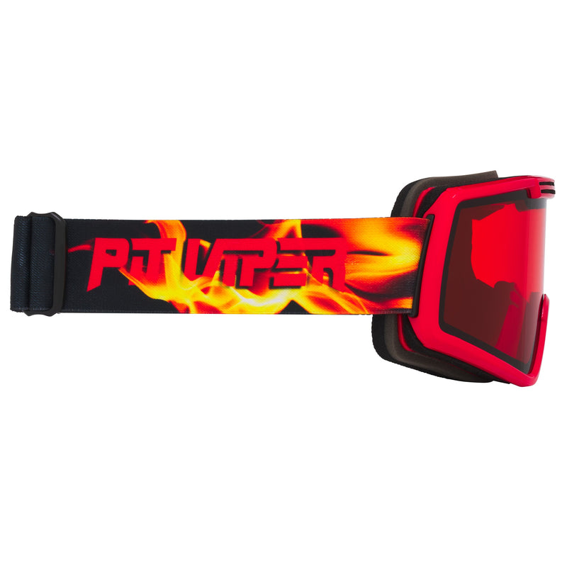 | even_more_side_view.JPG | Goggles with a red and black flame-patterned strap featuring the 'PT Viper' logo, and a red frame with a dark red-tinted lens, shown against a plain white background.