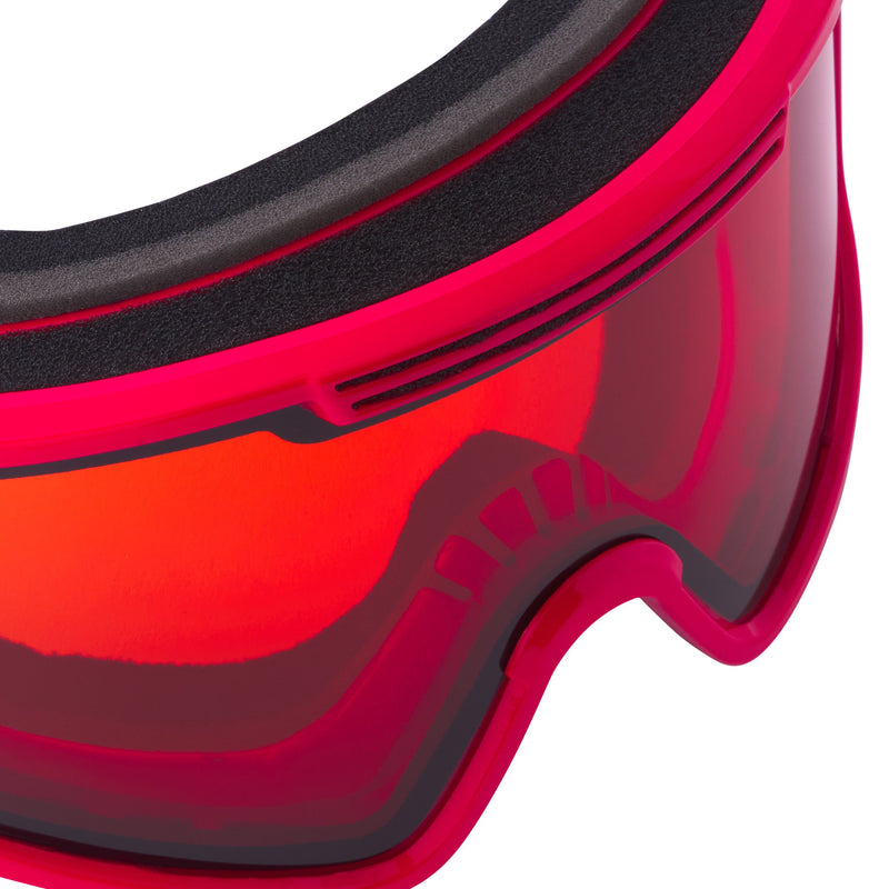 | im_ready_for_my_closeup.JPG | Close-up of red ski goggles showing the red-tinted lens, black frame trim, and black foam padding on a white background.