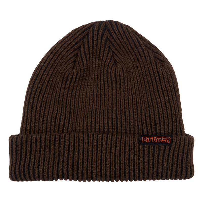 | full_frontal.JPG | Brown Beanie with a Pit Viper tag against a white background