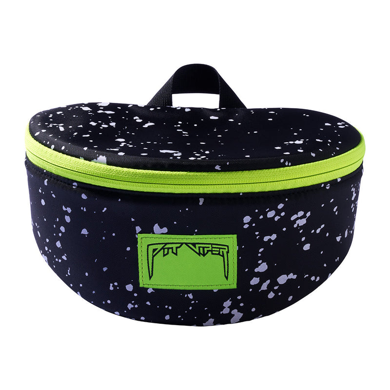 | full_frontal.JPG | A round zippered hard case with a black and white speckled pattern, a bright lime green zipper, and a matching lime green front patch with a stylized logo.