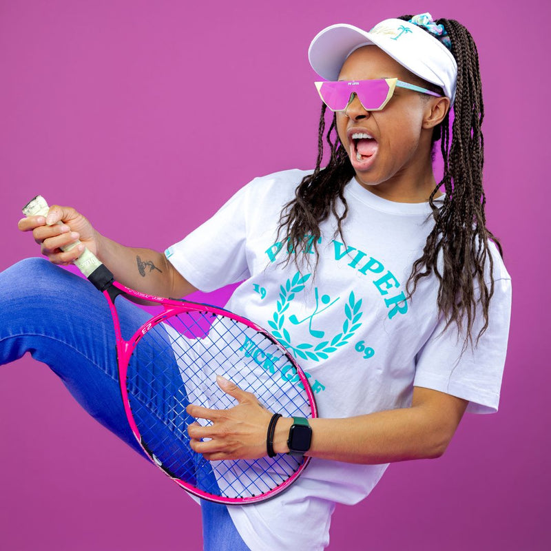 / Pink | photo_of_person.JPG | Women plays air guitar wearing The Pink Passion Showroom from Pit Viper Sunglasses