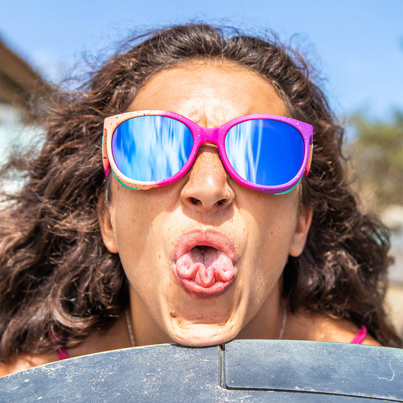 / Blue-Purple | i_have_to_work_on_today.JPG | Woman folding her tounge wearing Pit Viper Sunglasses