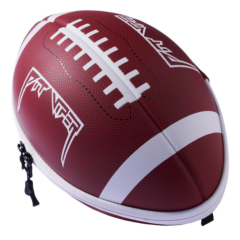 | side_view.JPG | A football shaped goggle case with zippers against a white background.
