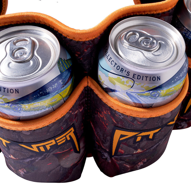 | im_ready_for_my_closeup.JPG | A close-up of a 6-pack can cooler made of dark camouflage neoprene with bright orange trim, holding two aluminum cans on a white background.