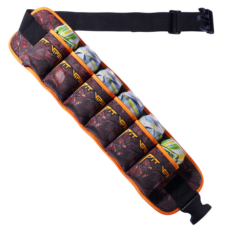 | side_view.JPG | A camouflage-patterned Beer holder belt with bright orange trim and a black adjustable strap, shown on a plain white background.