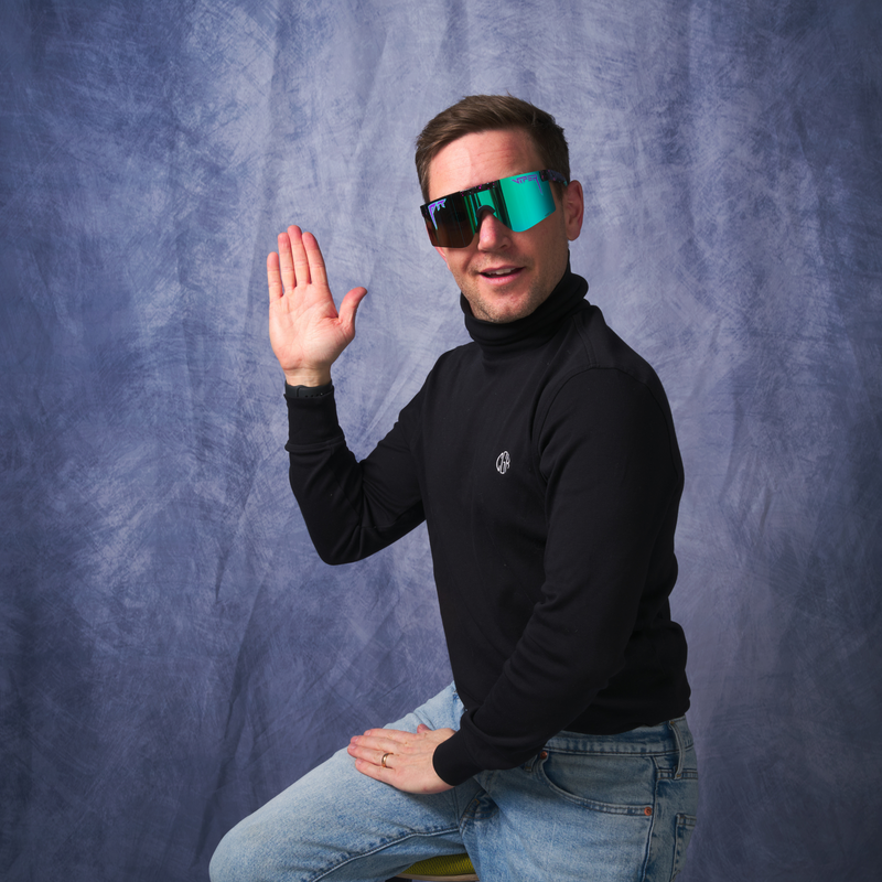 HDPV Polarized Blue / Regular | photo_of_person.JPG | The Midnight Original Regular HDPV Polarized Blue, shield style sunglasses from Pit Viper, polarized sunglasses from Pit Viper