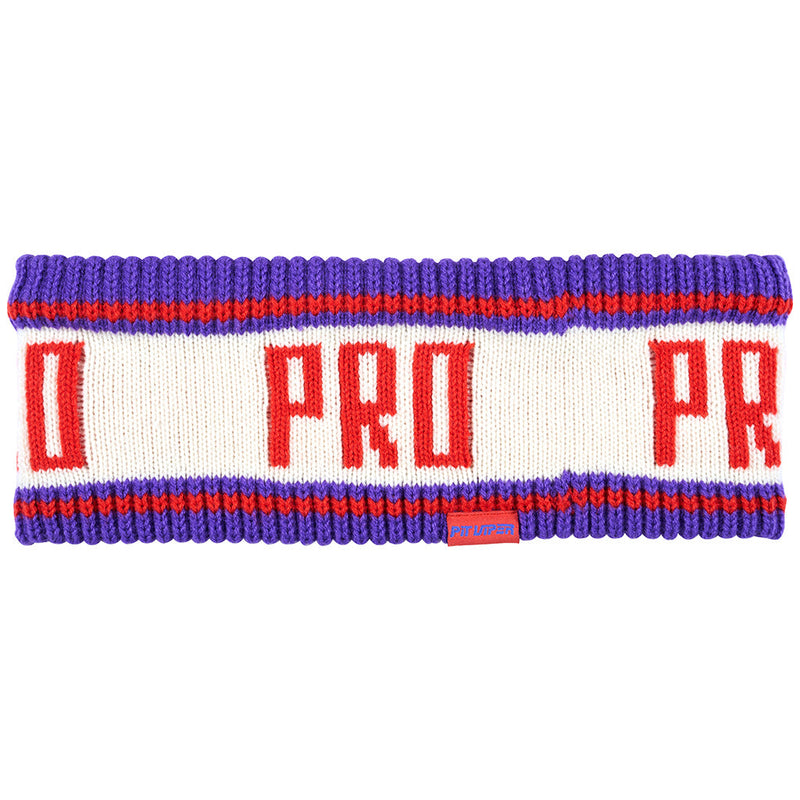 | full_frontal.JPG | A knitted athletic headband in purple, white, and red, featuring the text 'PRO' in red with 'O' and 'R' on either side. A small red brand tag is visible on the lower right side.