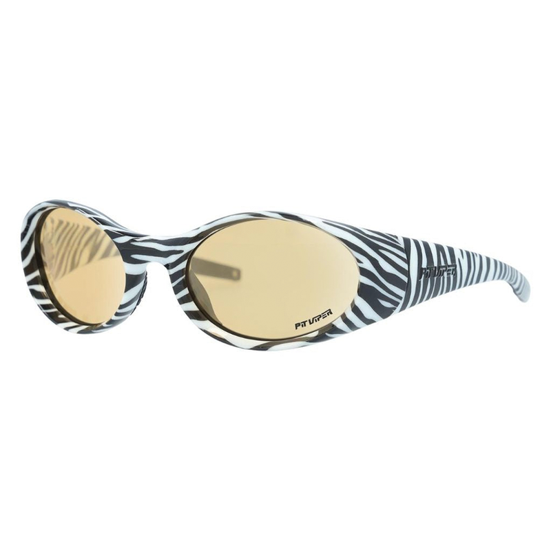 / Photochromic Range | side_view.JPG | The Herbivore Slammer from Pit Viper Sunglasses, 1999 retro oval sunglasses with zebra print frame and low light lens