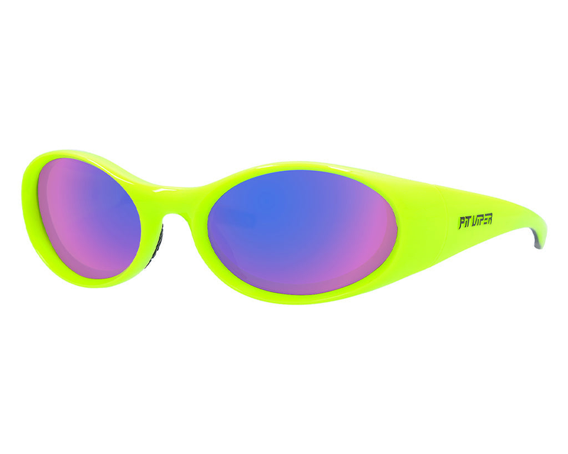 / Blue-Purple | sooooo_tired.JPG | The Sludge Slammer from Pit Viper, 1999 retro oval sunglasses with neon green frame and a purple lens