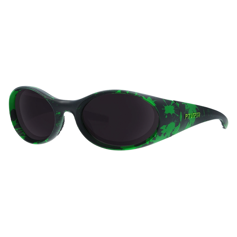 / Smoke | side_view.JPG | The Slime Slammer from Pit Viper Sunglasses, 1999 retro oval sunglasses with a black lens and slime splatter on the frame