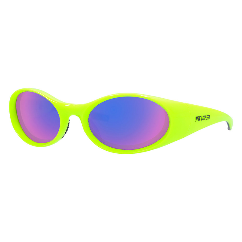 / Blue-Purple | sooooo_tired.JPG | The Sludge Slammer from Pit Viper, 1999 retro oval sunglasses with neon green frame and a purple lens