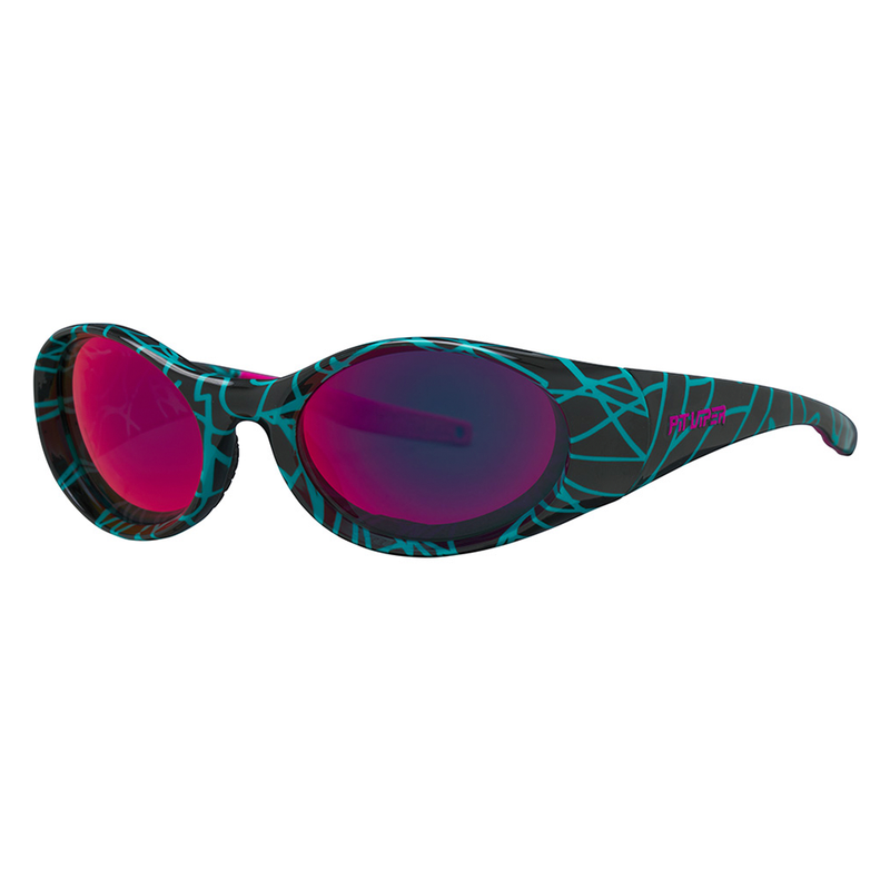  | side_view.JPG | The Voltage Slammer from Pit Viper, 1999 retro oval sunglasses with teal crisscross pattern on the frame, and a purple-pink lens